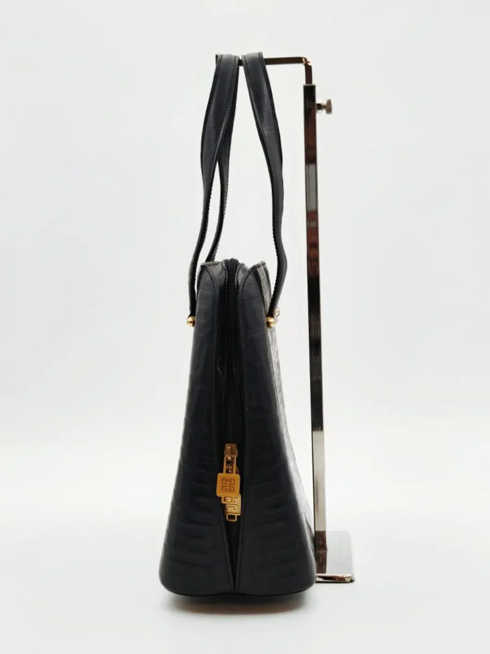Givenchy Vintage Black Embossed Leather Top Handle Handbag Gold Tone Hardware